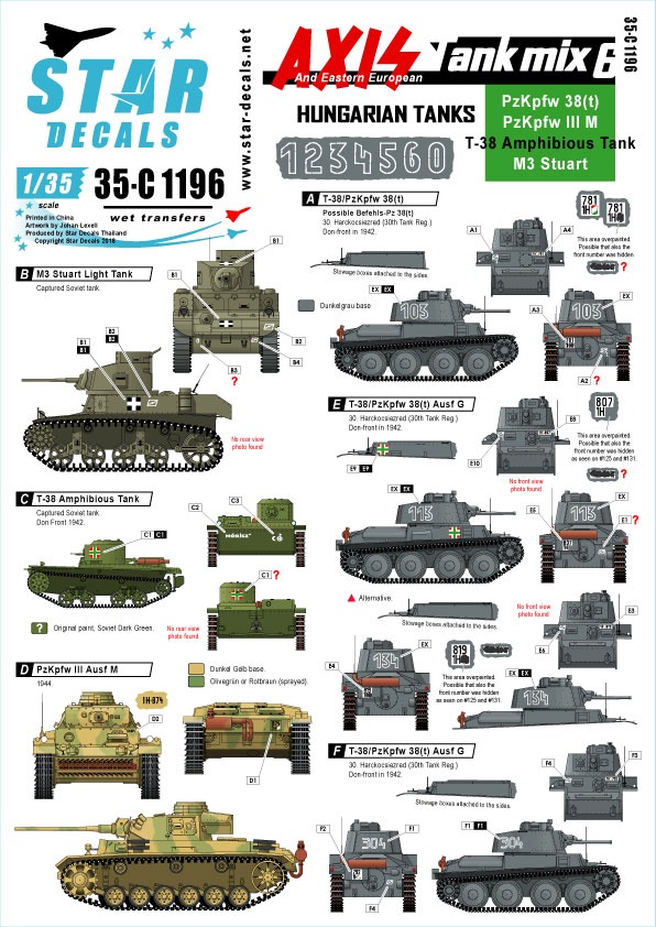 1 35 Scale Axis Tank Mix 6 Hungarian Tanks Mix Pzkpfw 38 T Pzkpfw Iii Ausf M T 38 Amphibious Tank M3 Stuart Ex Soviet By Star Decals